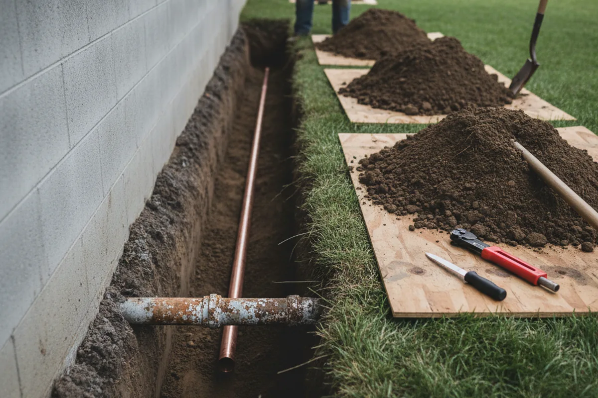Excavated water line trench during Water Softener Installation in Westmont